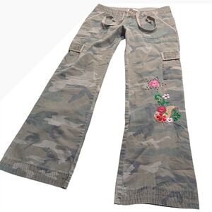Y2K Low Rise Flare Grunge Camo Cargo Pants Embroidered Studded Wide Leg Gree